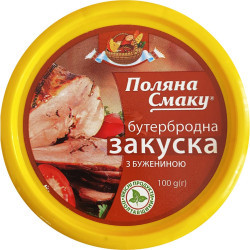 Закуска бутербродна з бужениною 100 г / 24 шт ТМ "Поляна смаку" Регал Закуска бутербродна з бужениною 100 г / 24 шт ТМ "Поляна смаку" Регал
