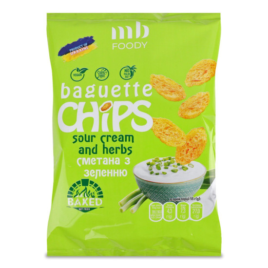 Сухарики Baguette зі смаком сметани із зеленню 55 г/9 шт TM MB Foody Сухарики Baguette зі смаком сметани із зеленню 55 г/9 шт TM MB Foody