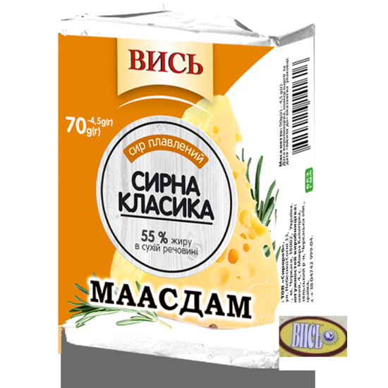 Сир плавленний Маасдам 55% пс ТМ Вись 70г / 36 шт брикет Регал Сир плавленний Маасдам 55% пс ТМ Вись 70г / 36 шт брикет Регал