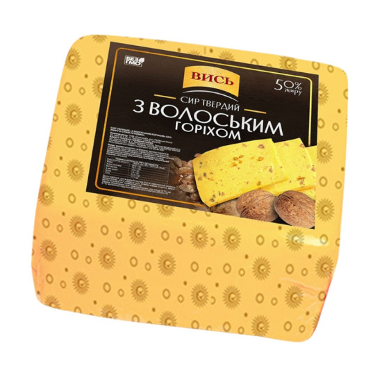 "Сир твердий "З Волоським горіхом" 50% ТМ Вись квадрат "Сир твердий "З Волоським горіхом" 50% ТМ Вись квадрат